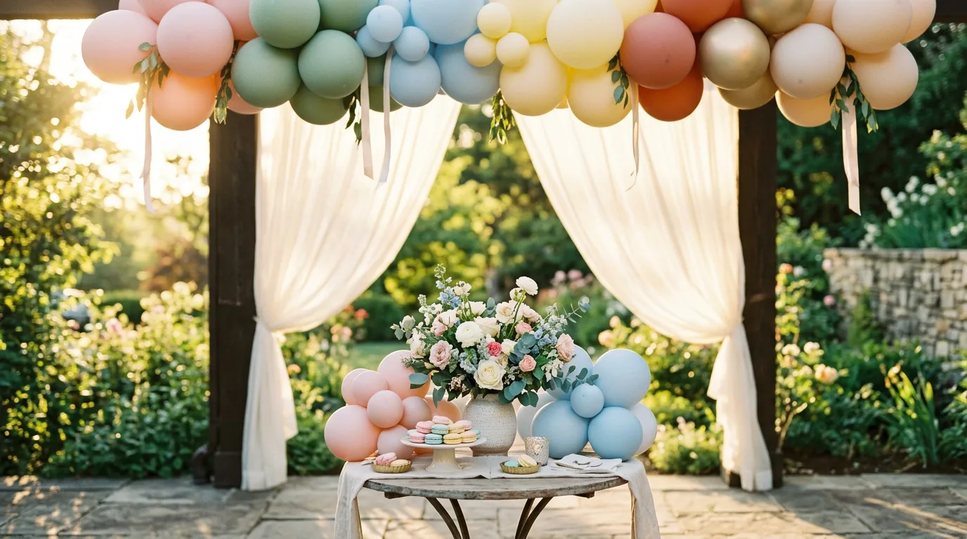 Gün batımı ışığında pastel balon bulutları ve çiçeklerle süslenmiş baby shower teras kurulumu.
