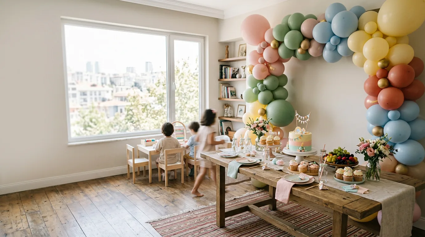 Pastel organik balon kemeri ve şık pasta masasıyla süslenmiş aydınlık bir çocuk doğum günü salonu.