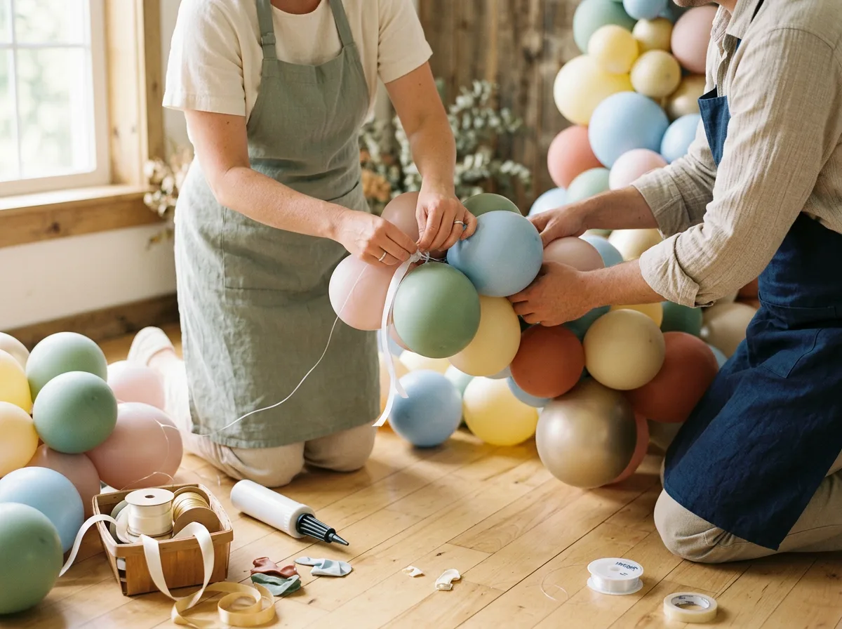 Dekoratörlerin elleri pastel renkli balonları organik bir girlandda birleştirirken.